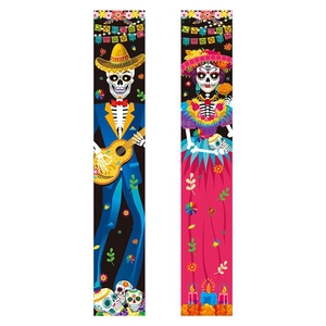 Day of the Dead porch banner with male and female skeletons playing guitar on black and pink