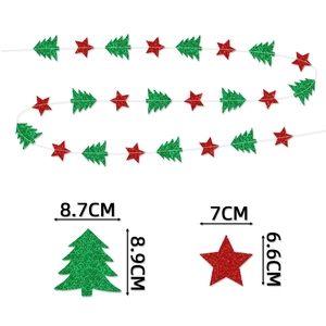 Detail of red and green glitter Christmas tree and star garland with size dimensions