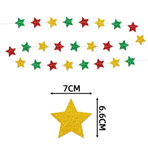 Close-up of glittery red, green, and gold star garland showing 7cm dimensions