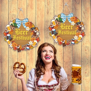 Oktoberfest beer festival hanging signs with blue bows and traditional motifs