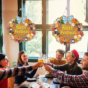 Oktoberfest beer festival wooden door sign with traditional pretzel and beer mug graphics