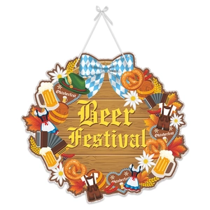 Oktoberfest beer festival hanging wooden sign decoration with Bavarian motifs