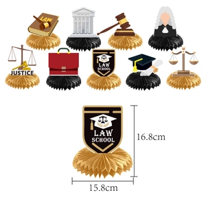 Law school graduation party honeycomb centerpieces set with justice scales and gavel