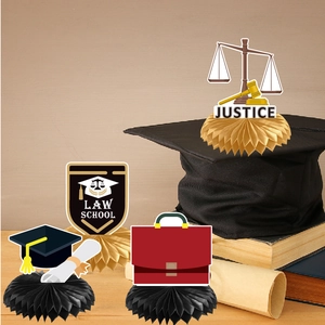 Law School graduation table centerpieces with JUSTICE scales and honeycomb bases
