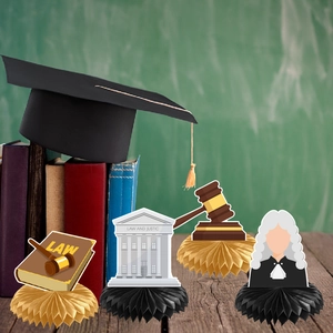 Law graduation party table decorations with judge honeycomb centerpieces and law books