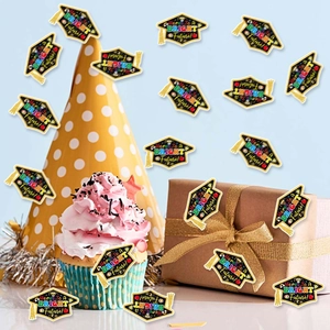 Graduation party confetti featuring black mortarboard shapes with Bright Future text