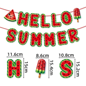 Watermelon theme Hello Summer banner with fruit cutout garlands for party decorations
