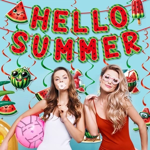 Watermelon summer party decoration kit with Hello Summer banner and hanging swirls