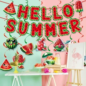 Macro detail of watermelon summer party banners with Hello Summer text and cute paper cutouts