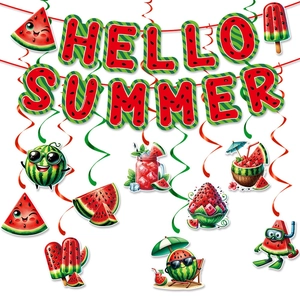 Watermelon Summer Party Decoration Set Hello Summer Paper Banner And PVC Hanging Swirls Hawaiian Beach Theme