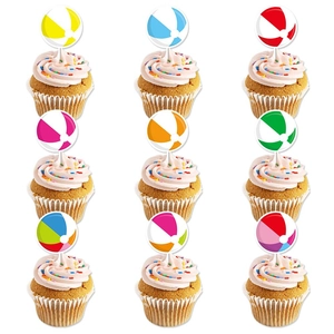 Colorful Beach Ball Volleyball Cupcake Toppers Paper Card Dessert Decorative Picks For Hawaii Summer Birthday Theme Party