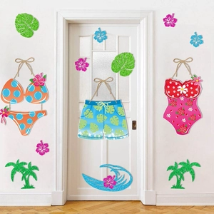 Tropical Hawaii party door decorations with glitter bikini and palm tree paper banners