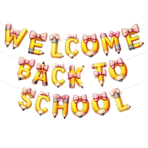 Welcome Back to School banner with yellow pencil-shaped letters and pink bows for classroom