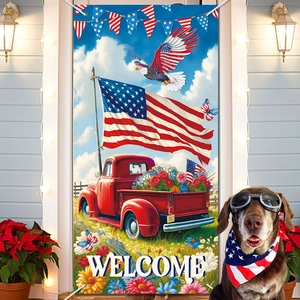 Patriotic USA Welcome Banner with American Flag, Eagle, and Vintage Red Pickup Truck