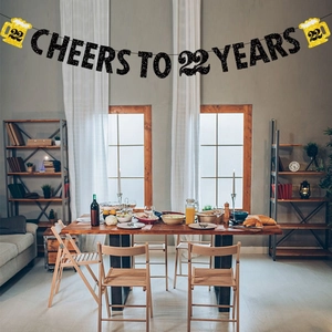 Cheers to 22 Years black and gold glitter banner for birthday party decoration