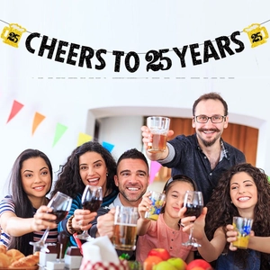 Cheers to 25 Years glitter banner with beer mugs for anniversary party decor