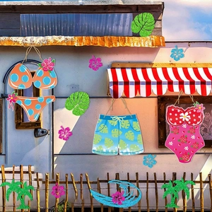 Glittery bikini and swimwear hanging decorations for Hawaii beach party door decor