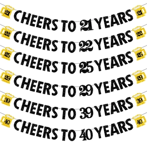 Glittery cheers to years birthday banners set in black and gold for ages 21 to 40