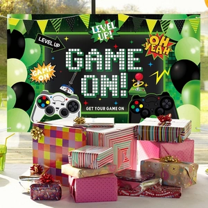 Game On birthday backdrop with pixel gaming controller and colorful party gift boxes