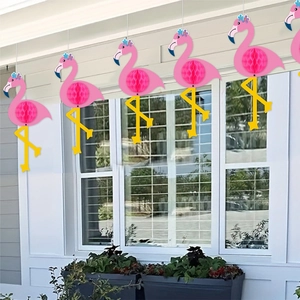 Pink honeycomb flamingo paper hanging decorations for Hawaii summer party outdoor decor