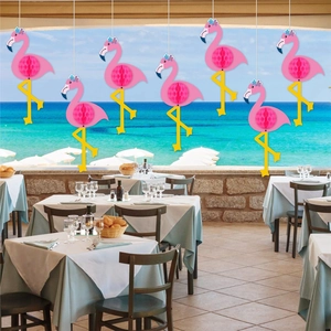 Set of 7 pink flamingo honeycomb paper ornaments for summer Hawaii party decor