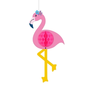 Pink flamingo party decoration with honeycomb body and colorful floral accents