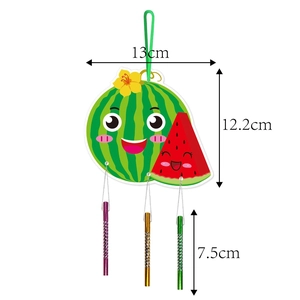 Detail view of watermelon wind chime with dimensions and three colored metal tubes