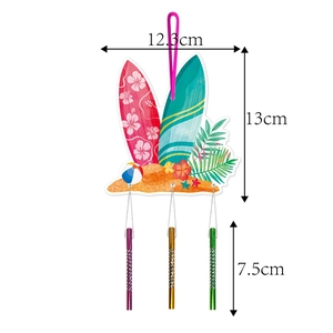 Detail view of tropical beach wind chime with dimension markings and surfing board design