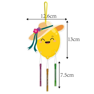 Detail view of cartoon lemon wind chime with dimensions: 12.6cm width and 13cm height
