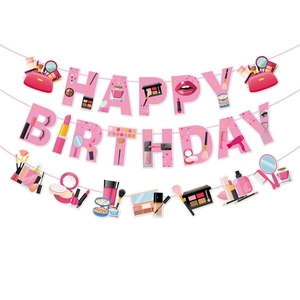 Set striscione compleanno a tema trucco rosa con decorazioni a forma di cosmetici