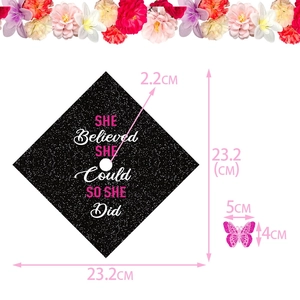 DIY Graduation Cap Topper with pink glitter butterflies and inspirational quote on black