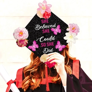 Custom graduation cap with floral decor, glitter butterflies and inspirational quote