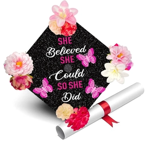 Glitter Graduation Cap Topper With 3D Flowers Butterflies Inspirational Quote DIY Mortarboard Decoration For Party Women