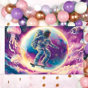 Space astronaut backdrop for birthday party decor featuring a skating astronaut with colorful nebula