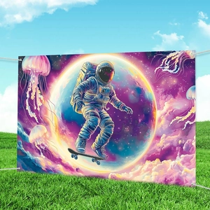 Space astronaut birthday backdrop with skating astronaut and colorful jellyfish on fabric