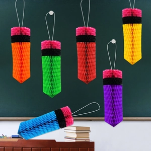 Colorful pencil honeycomb paper ornaments for classroom and back-to-school party decorations