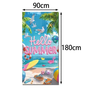 Vertical Hello Summer beach party backdrop banner with palm leaves and surfboards 90x180cm