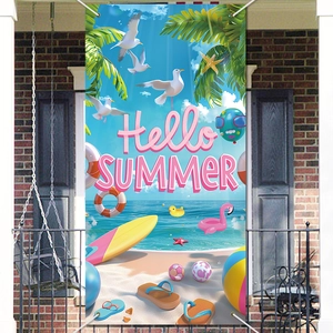 Vertical Hello Summer door banner featuring tropical beach motifs for party decoration