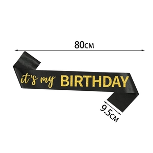 Black satin birthday sash with gold glitter text it's my birthday measuring 80x9.5cm