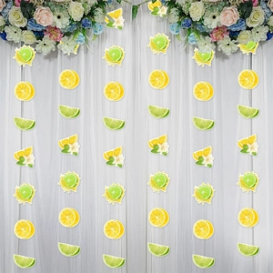 Detail of summer party hanging lemon and lime fruit slice decorations with white flowers