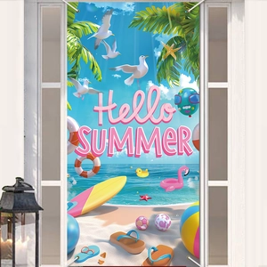 Hello Summer Beach Party Banner Tropical Hawaiian Door Cover Decoration Polyester Background Cloth For Outdoor Home Decor