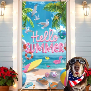 Tropical Hawaii party door banner featuring Hello Summer text with beach elements