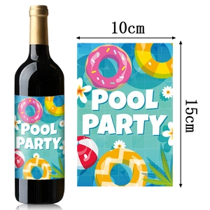 Hawaiian Pool Party wine bottle labels with tropical motifs and 10x15cm size specifications