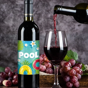 Hawaiian summer party wine bottle stickers with colorful tropical pool themed patterns
