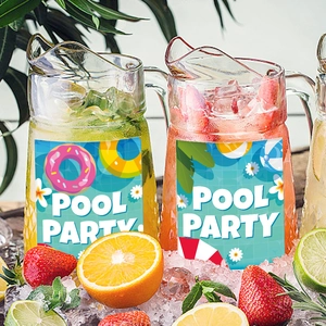 Hawaiian Pool Party stickers on glass beverage bottles with fresh fruit and ice decor