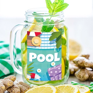 Hawaiian summer party bottle stickers with blue pool design for beverage decoration