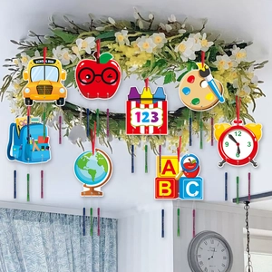 8-piece Back to School hanging decor set with school bus and apple wind chime designs
