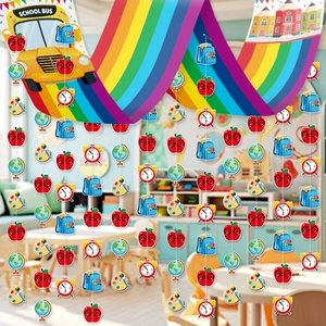 Colorful Back to School rainbow banner with school bus and apple hanging ornaments