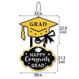 Graduation party door hanger with black mortarboard and happy congrats grad sign