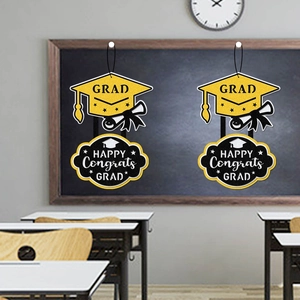 Graduation party door hanger with black mortarboard and yellow tassel in a classroom